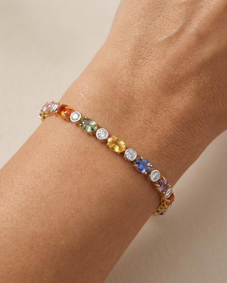 14KT Two Tone Multi Sapphire and Diamonds Bracelet on model