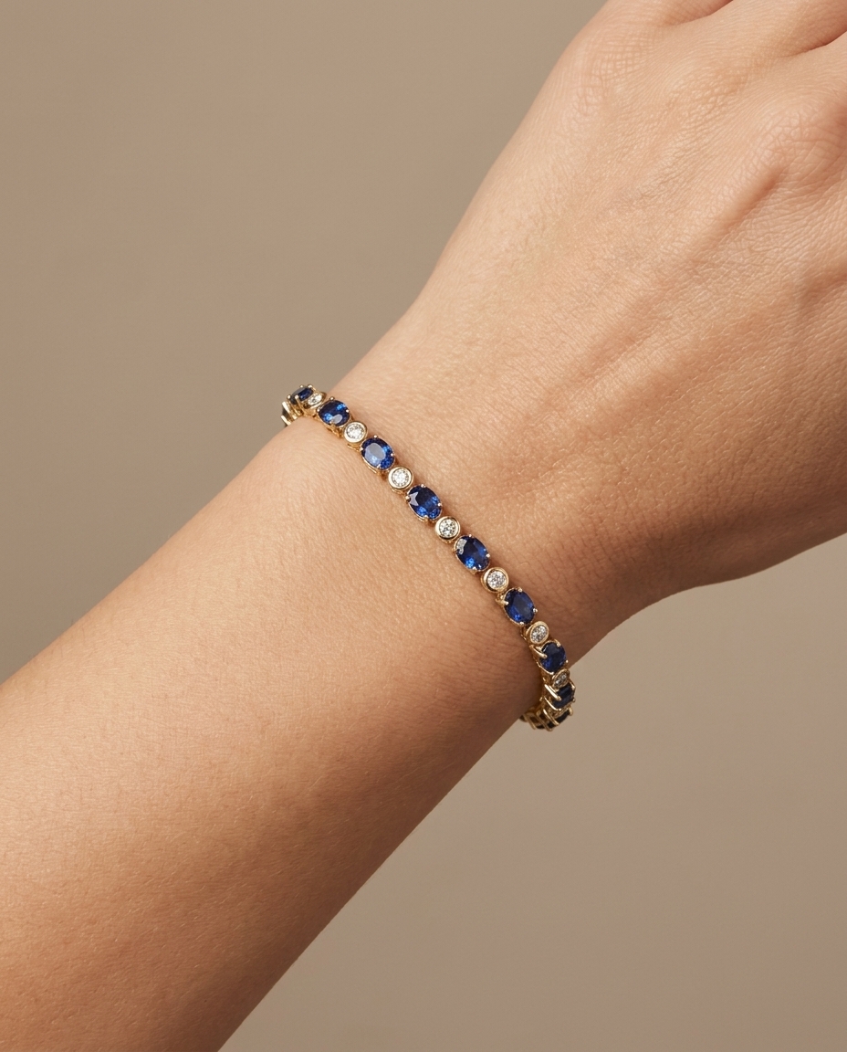 14KT Yellow Gold Sapphire and Champagne Diamonds Bracelet on model