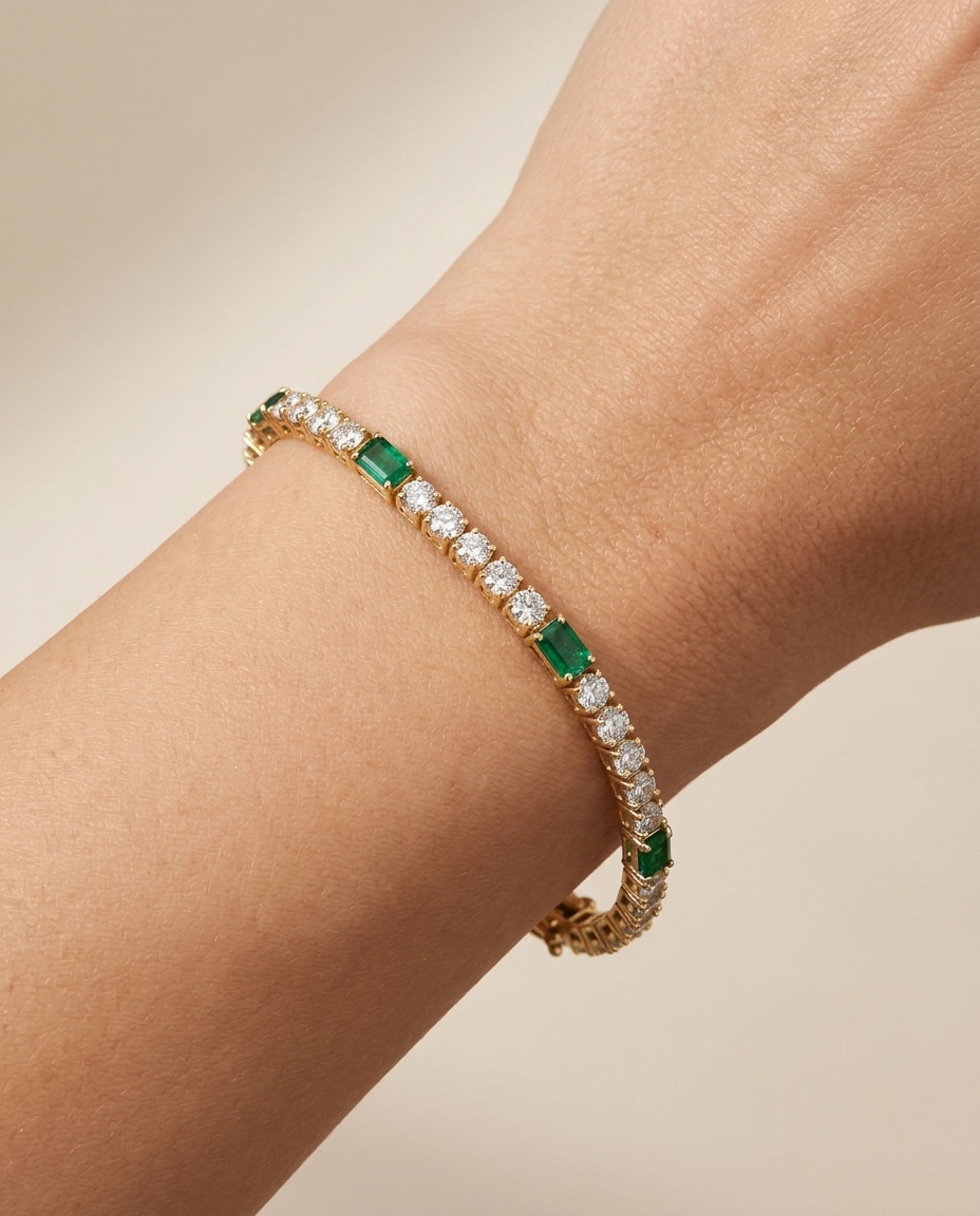 14KT Yellow Gold Diamond and Emerald Bracelet on model