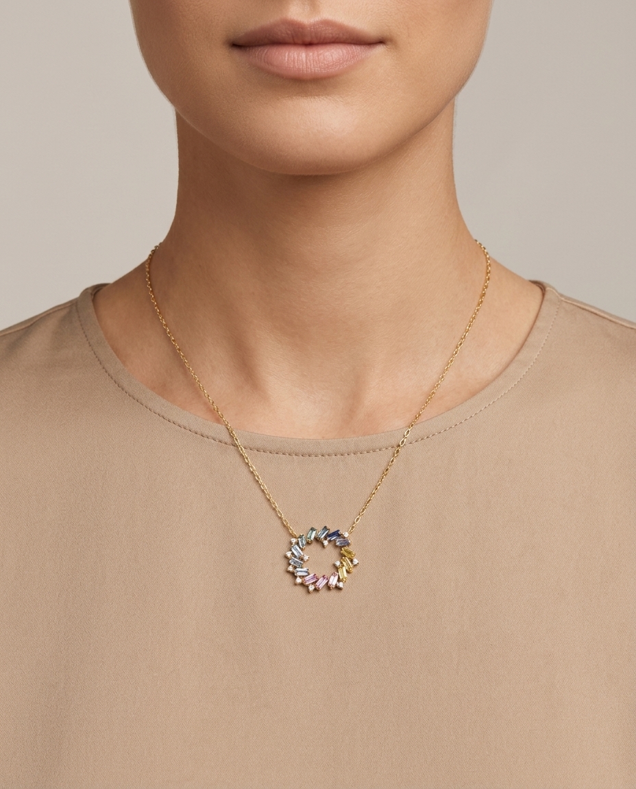 14KT Yellow Gold Multi Sapphire and Diamond Necklace on model