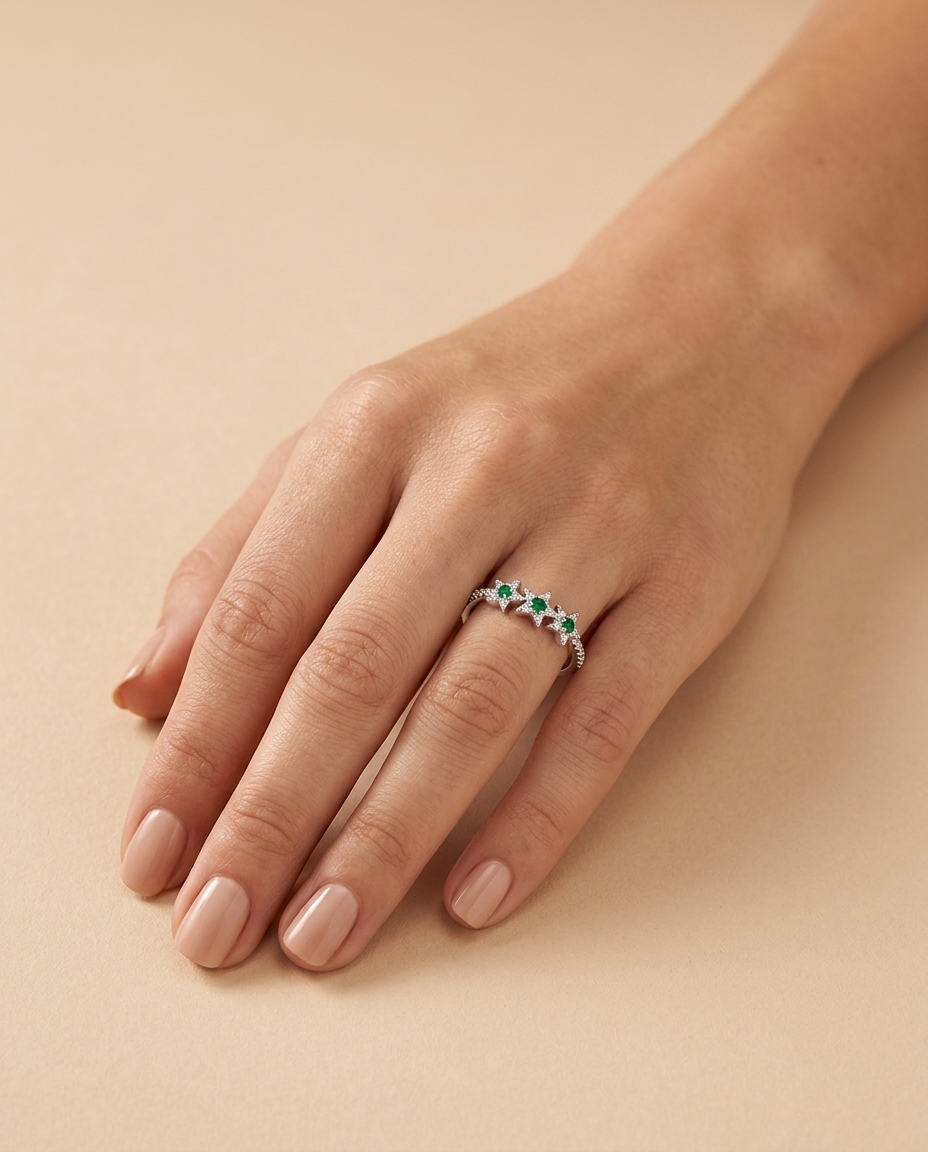 14KT White Gold Emerald and Diamonds Ring on model