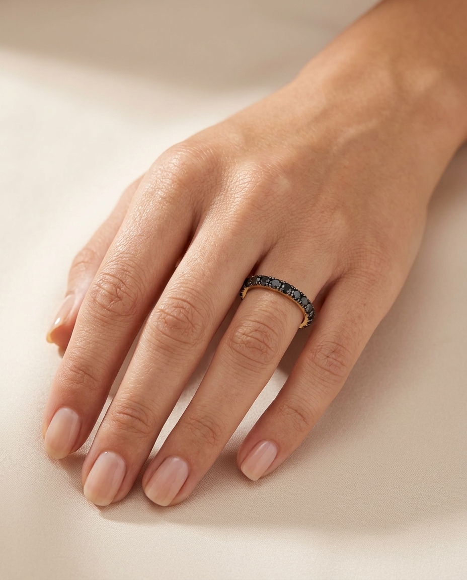 14KT Yellow Gold Black Diamond Etrnity Band on model