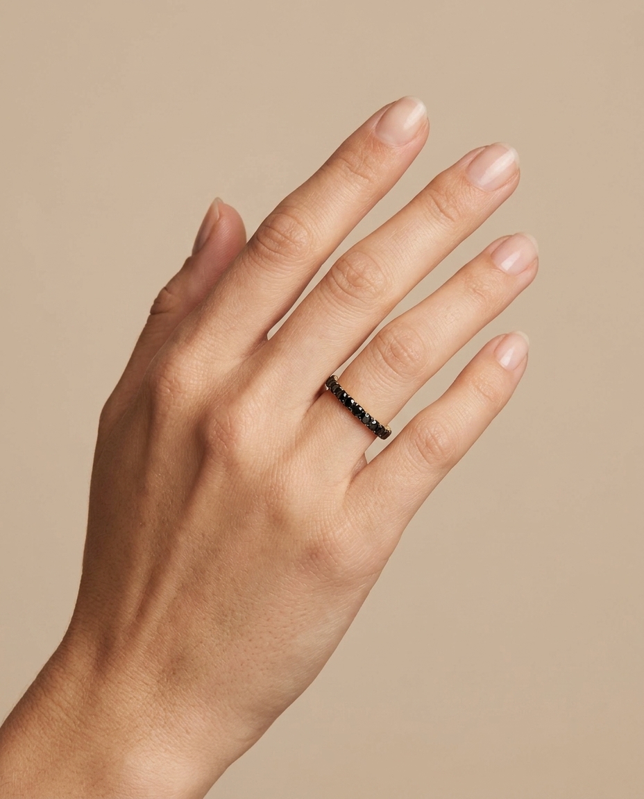 14KT Yellow Gold Black Diamond Etrnity Band on model