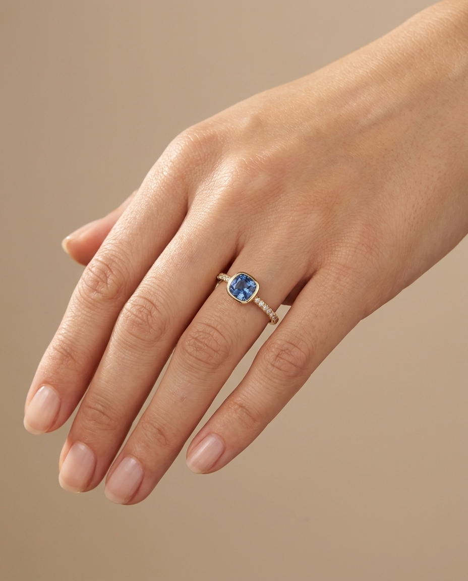14KT Yellow Gold Sapphire and Diamonds Ring on model