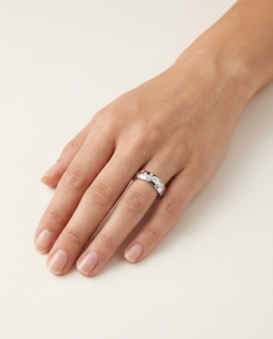 14KT White Gold Ring with Diamonds on model
