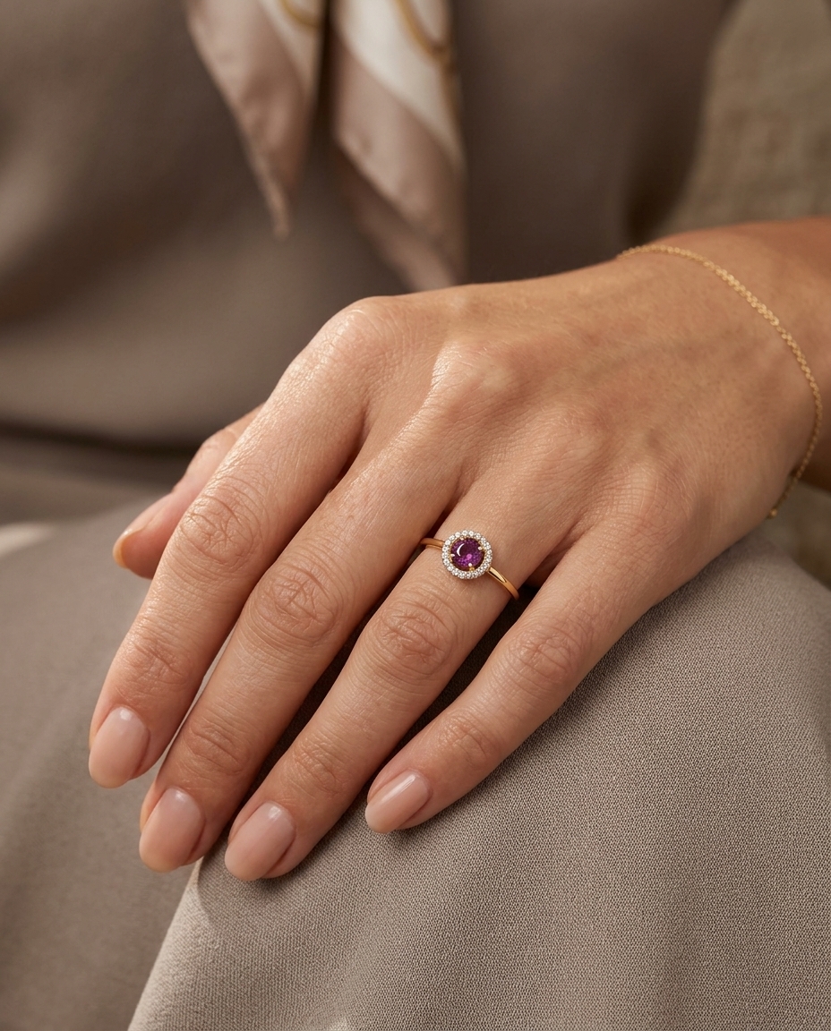 14KT Yellow Gold Ruby and Diamonds Ring on model