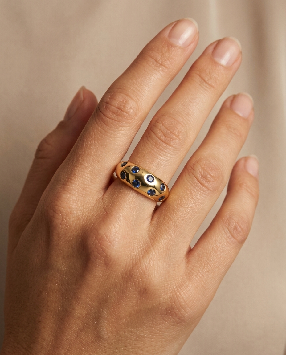 14KT Yellow Gold Blue Sapphire Donut Ring on model