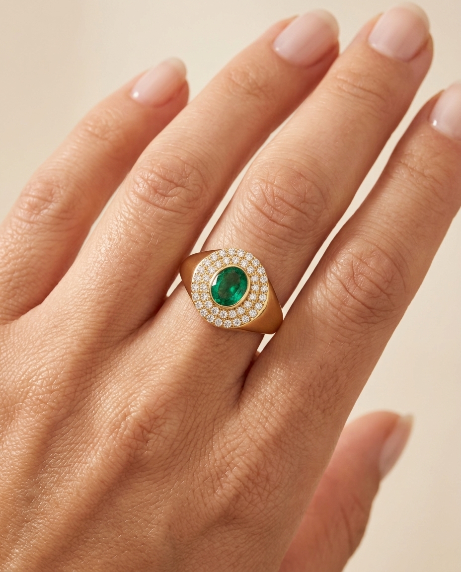 14KT Yellow Gold Diamond and Emerald Ring on model
