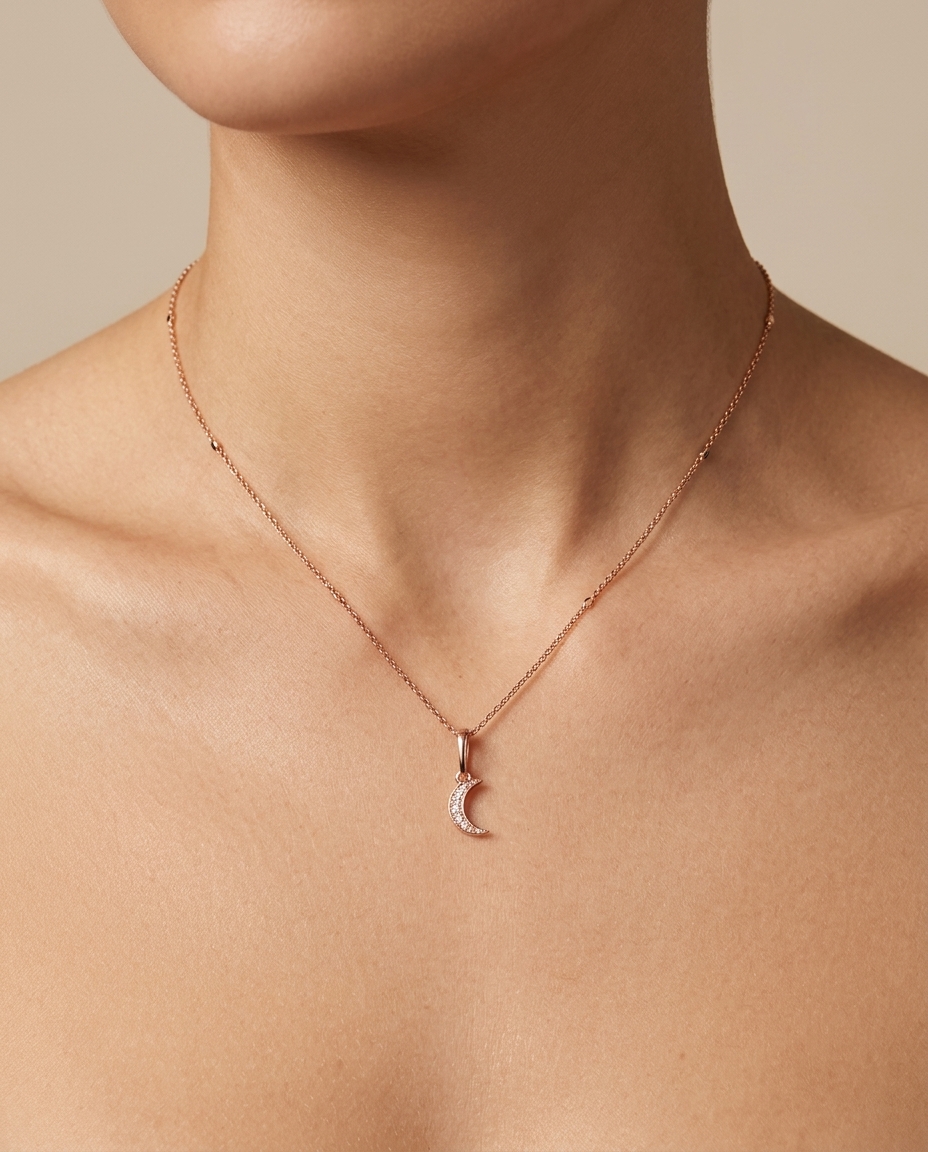 18KT Yellow Gold Moon Pendant with Diamonds on model