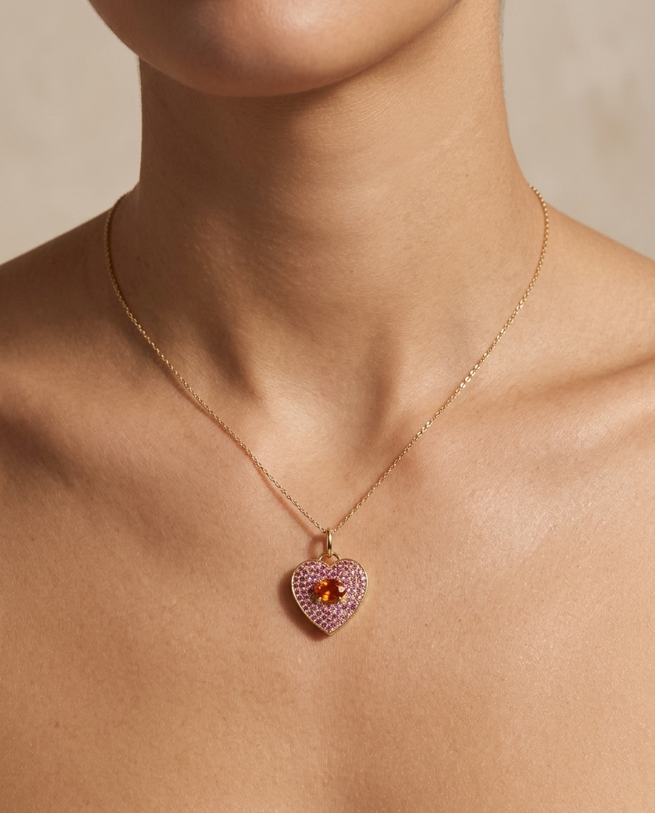 14KT Yellow Gold Pink and Orange Sapphire Heart Pendant on model