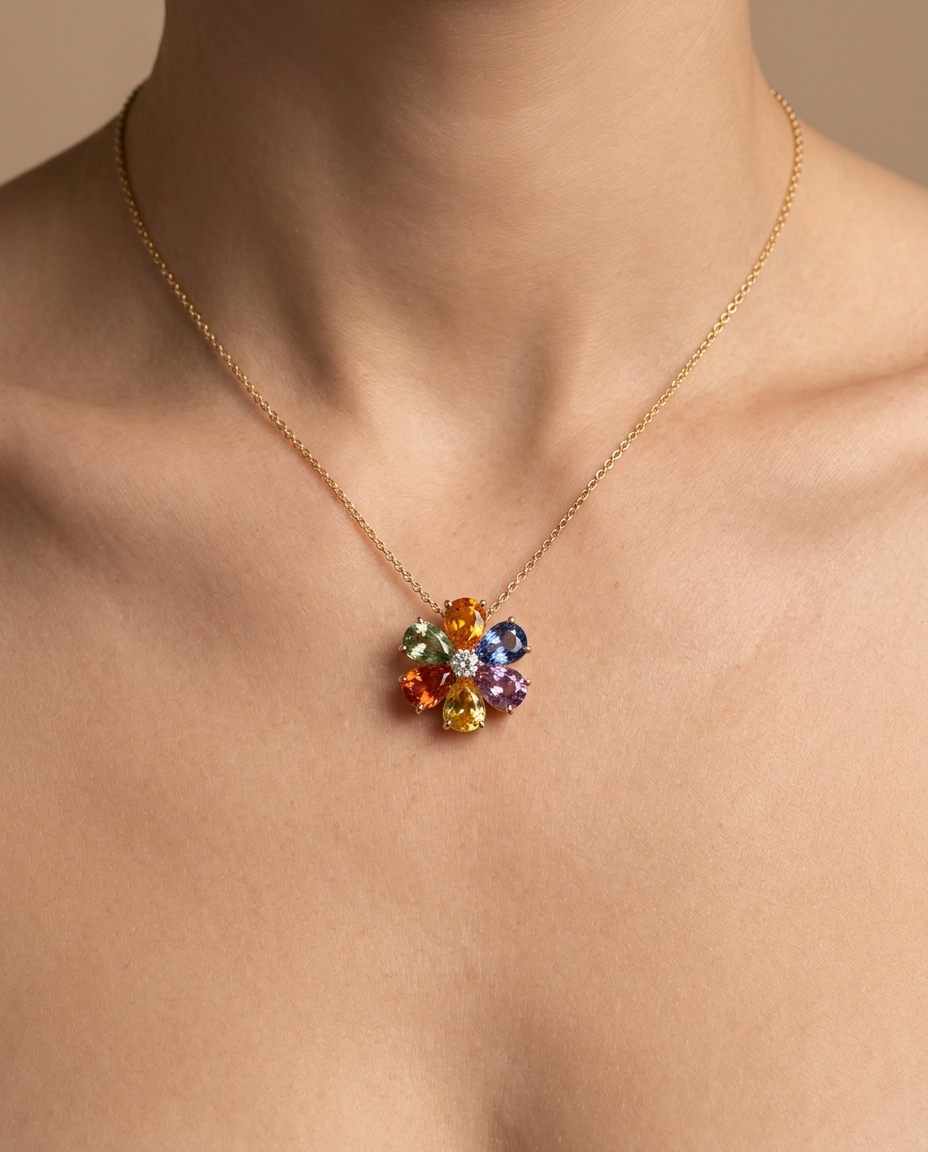 14KT Gold Multi Sapphire Flower and Diamonds Pendant on model