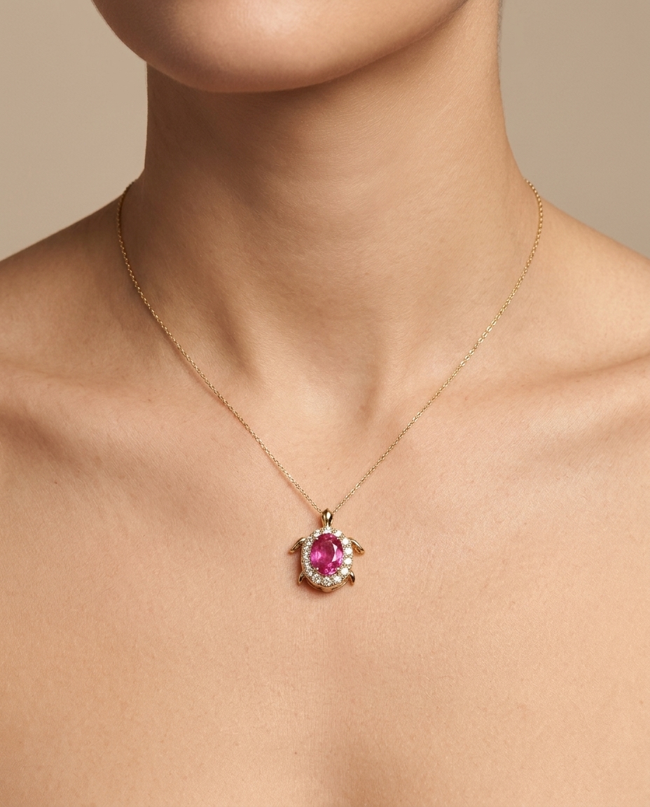 14KT Yellow Gold Ruby and Diamonds Turtle Pendant on model