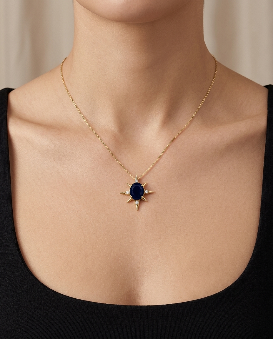14KT Yellow Gold Diamonds and Blue Sapphire Compass Pendant on model