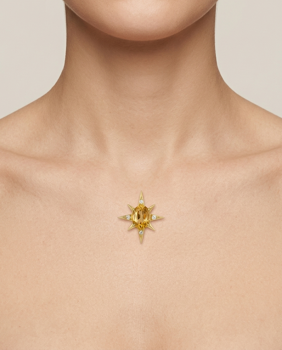 14KT Yellow Gold Diamonds and Orange Sapphire Compass Pendant on model