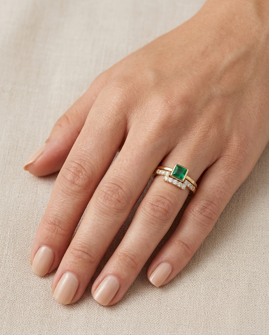 14KT Yellow Gold Emerald and Diamonds Ring on model
