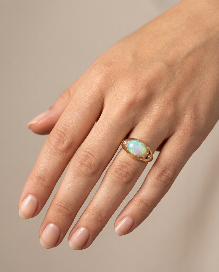 14KT Yellow Gold Opal and Diamond Ring on model