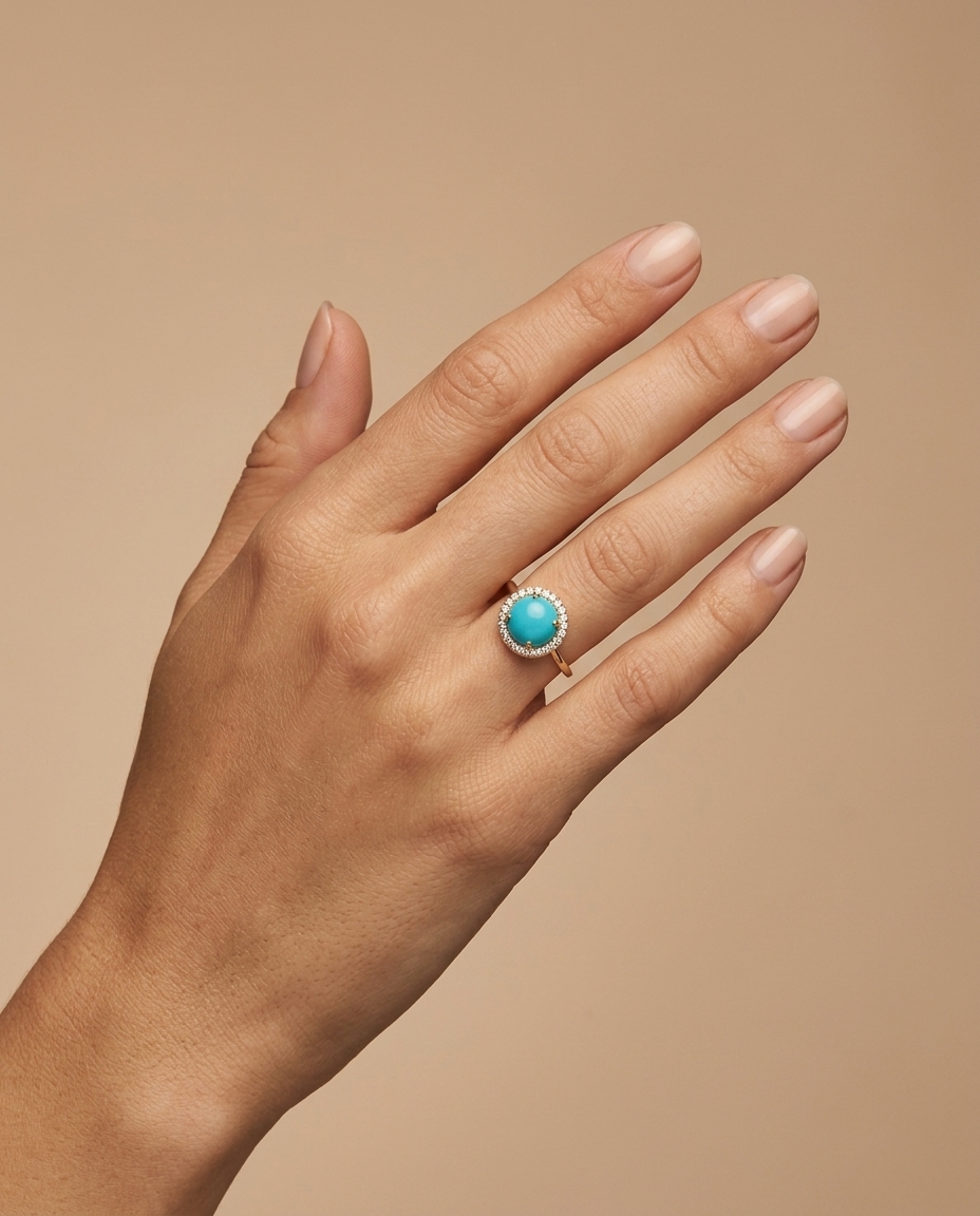14KT Yellow Gold Turquoise Ring with Diamonds on model