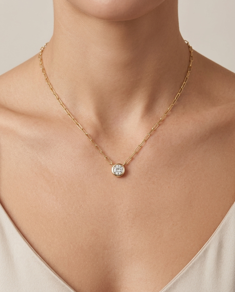 14KT Gold Diamond Necklace on model