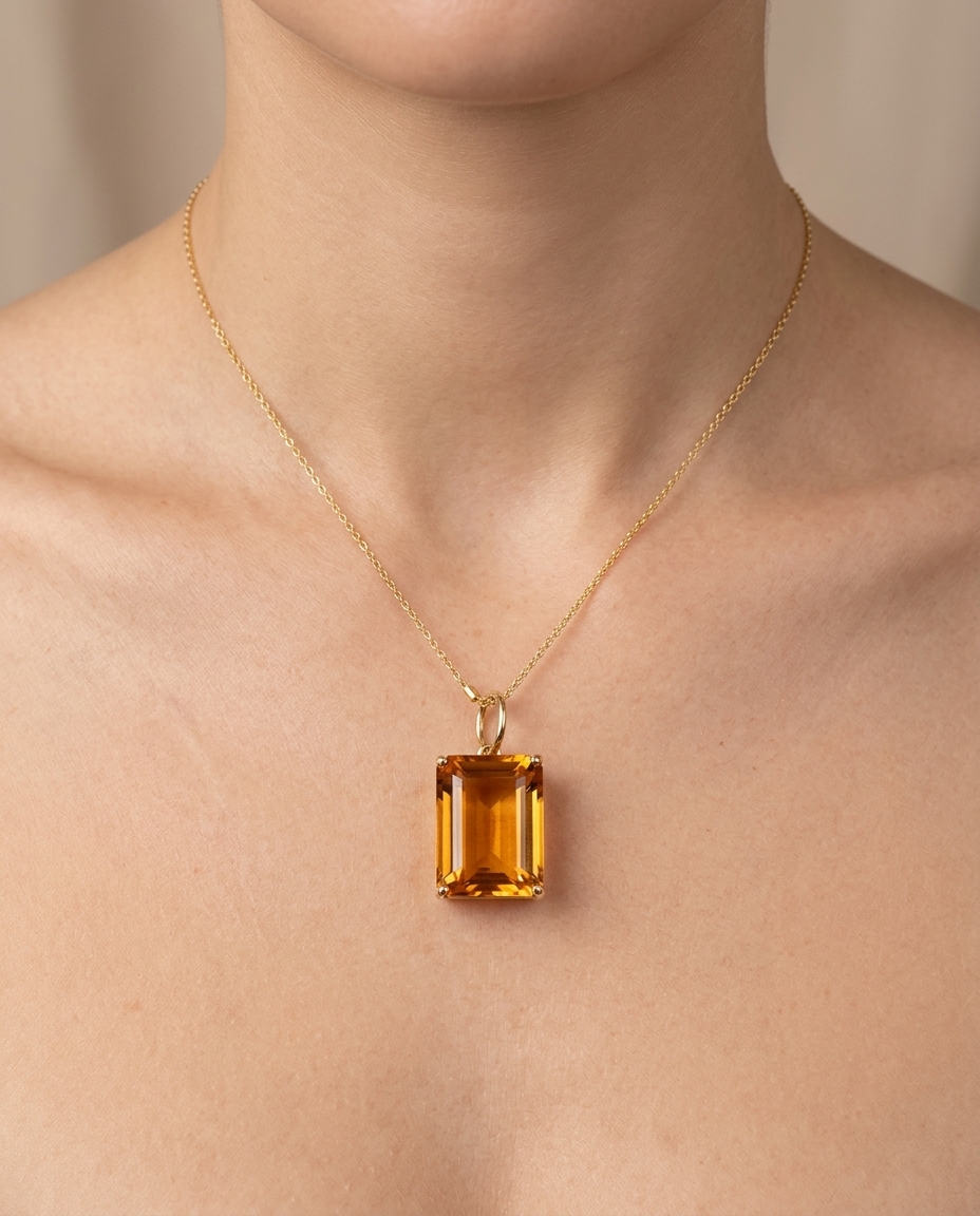 14KT Yellow Gold Citrine Rectangle Pendant on model
