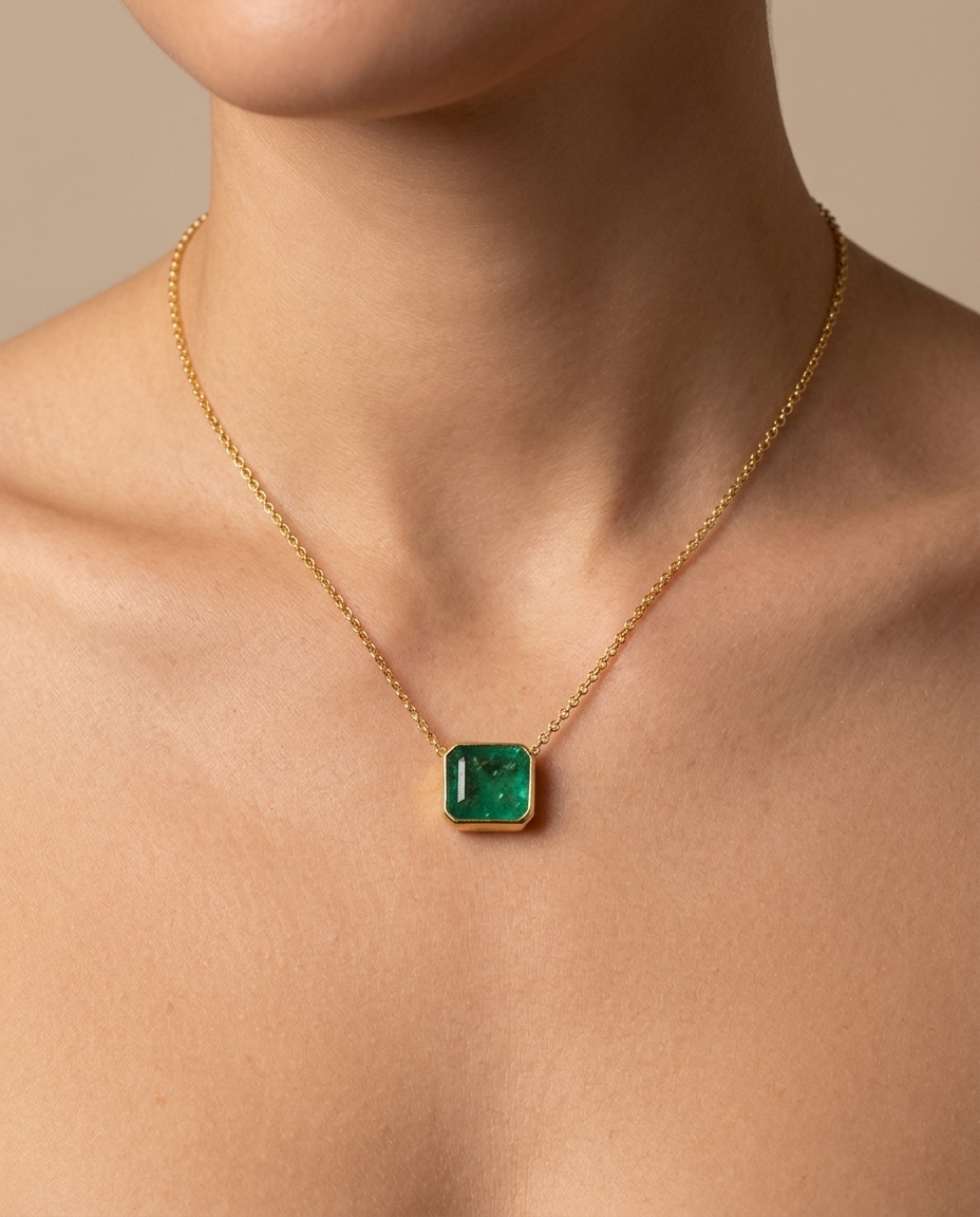 14KT Yellow Gold Emerald Necklace on model