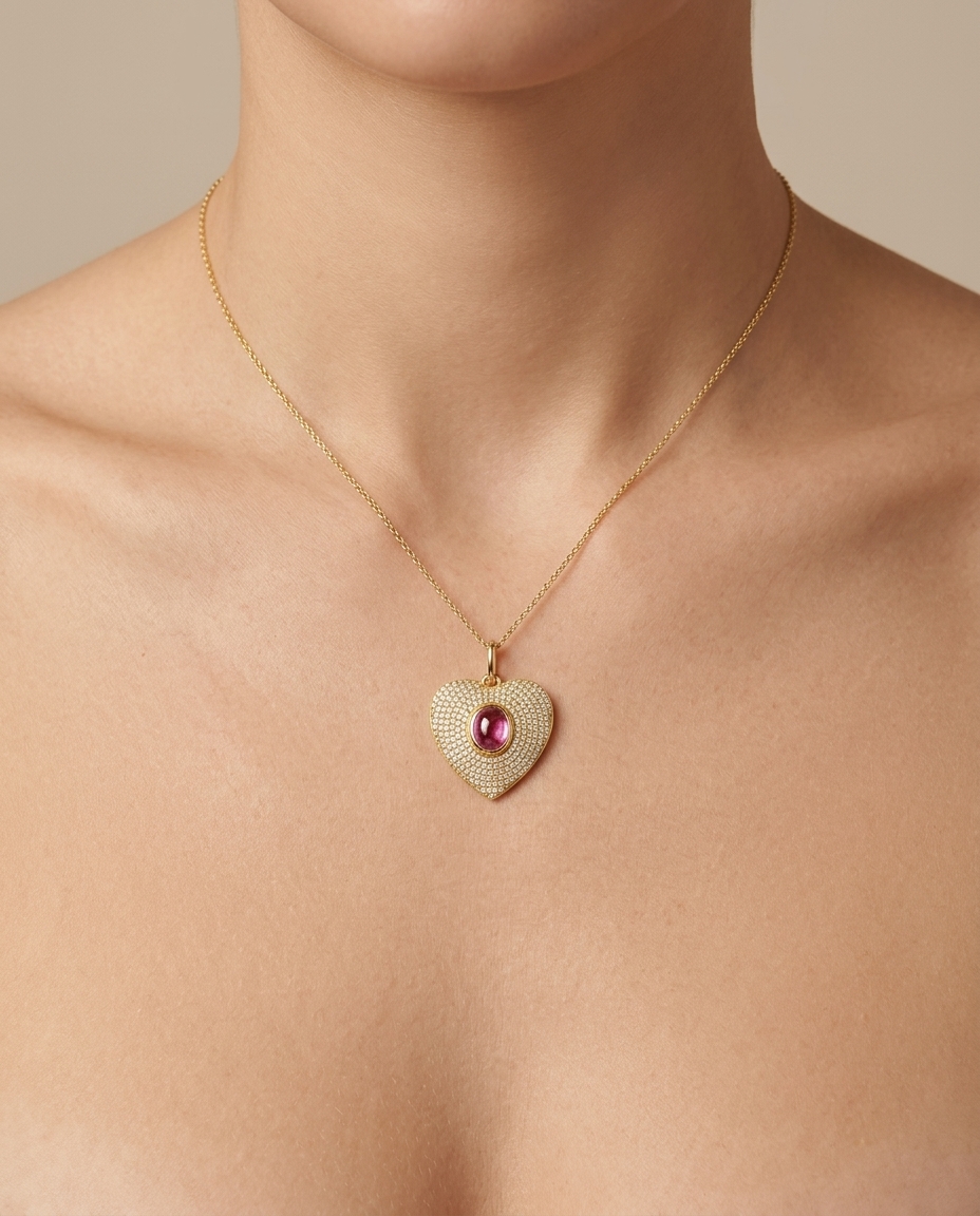 14KT Yellow Gold Pink Sapphire Heart Pendant on model