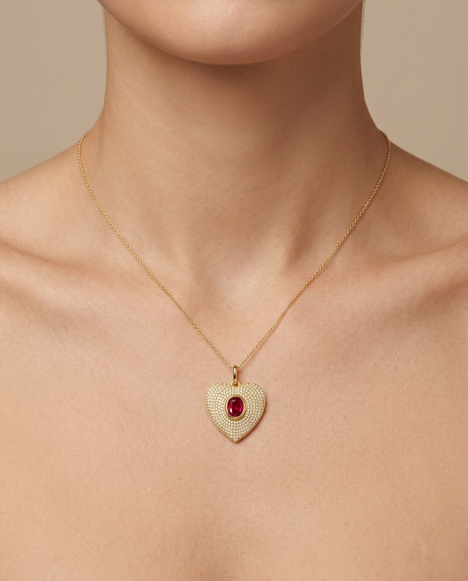 14KT Yellow Gold Ruby Heart Pendant on model