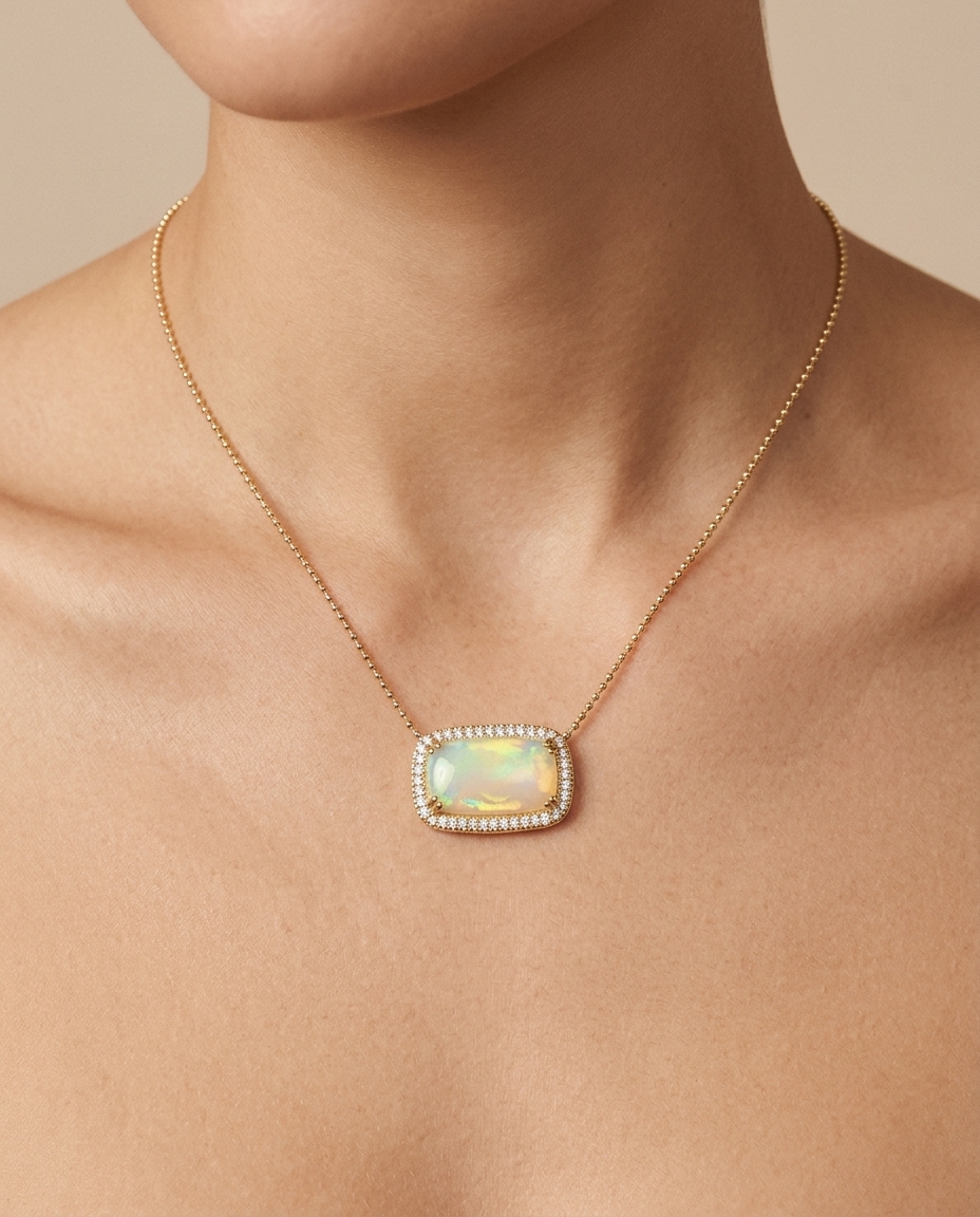14KT Yellow Gold Opal and Diamond Necklace on model