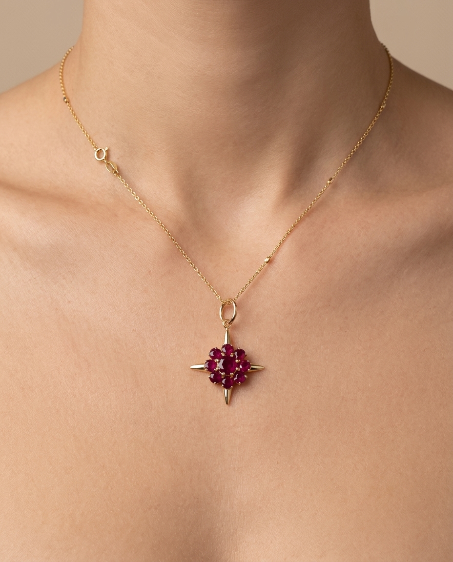 14KT Yellow Gold Ruby Compass Pendent on model