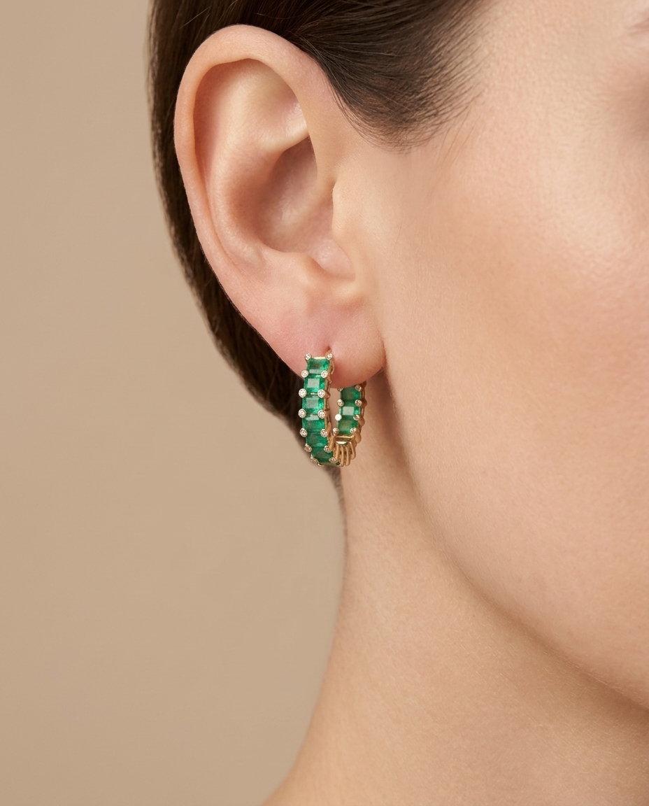 18KT Yellow Gold Emerald and Diamond Hoop Earring view 2