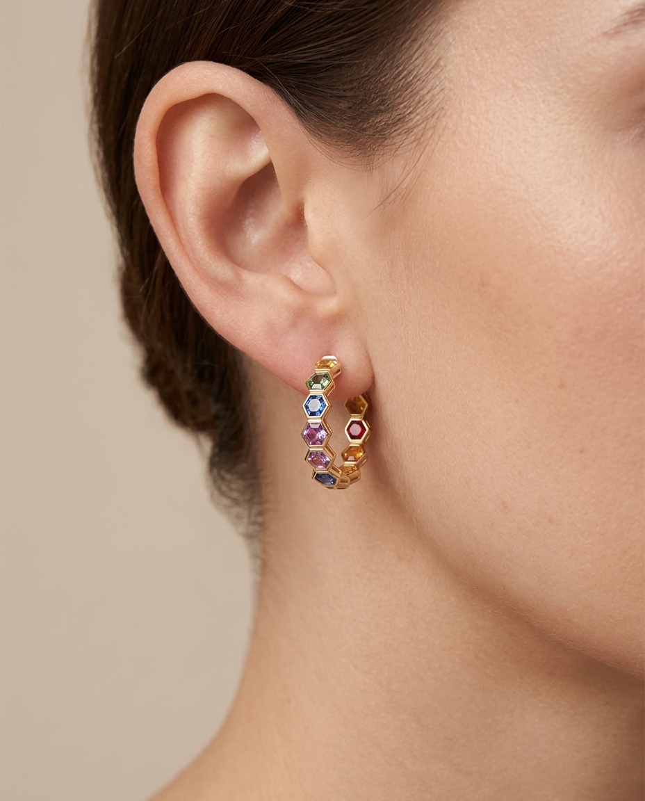 14KT Yellow Gold Multi Sapphire Hoop Earring view 2