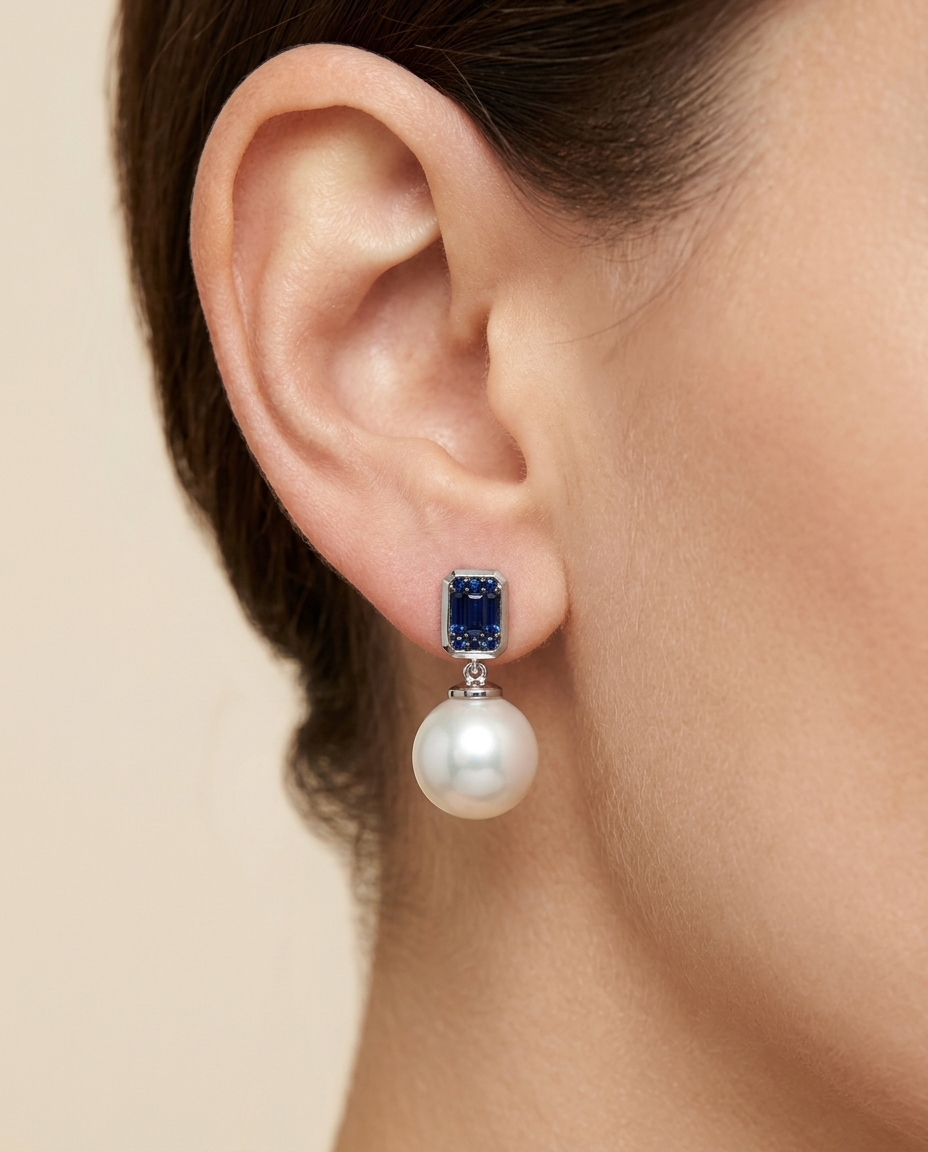 14KT White Gold Fresh Water Pearl and Blue Sapphire Earring view 2