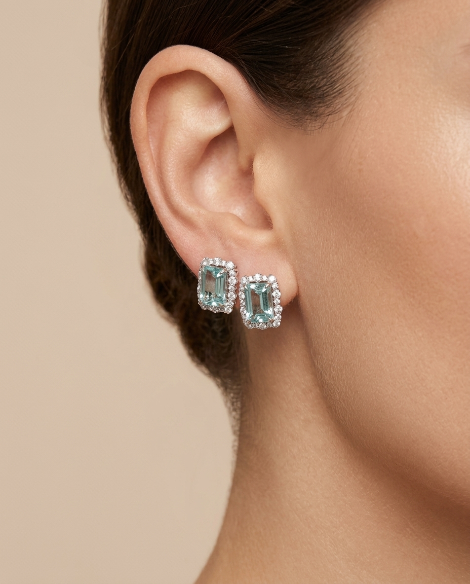 14KT White Gold Aquamarine and Diamonds Earring view 2