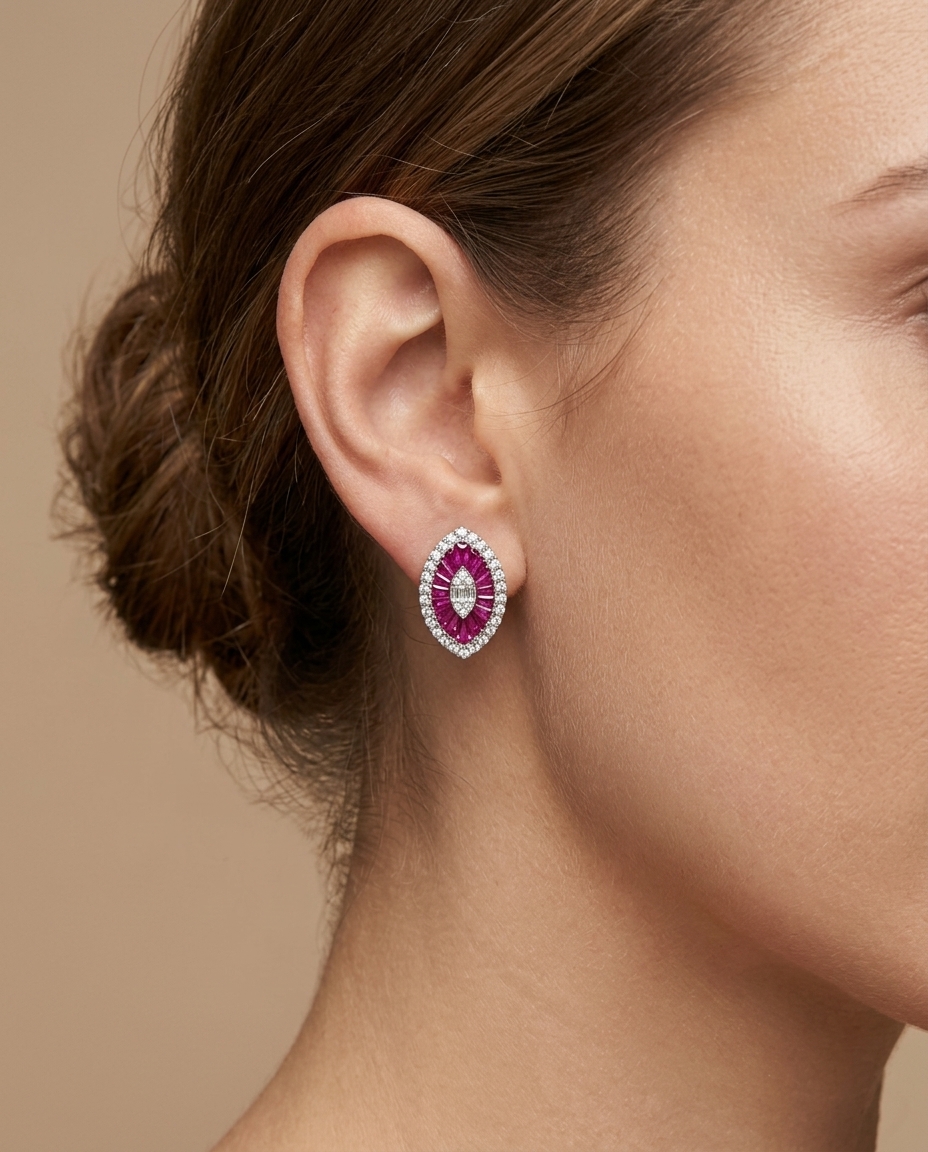 14KT White Gold Ruby and Diamonds Marquise Earring view 2