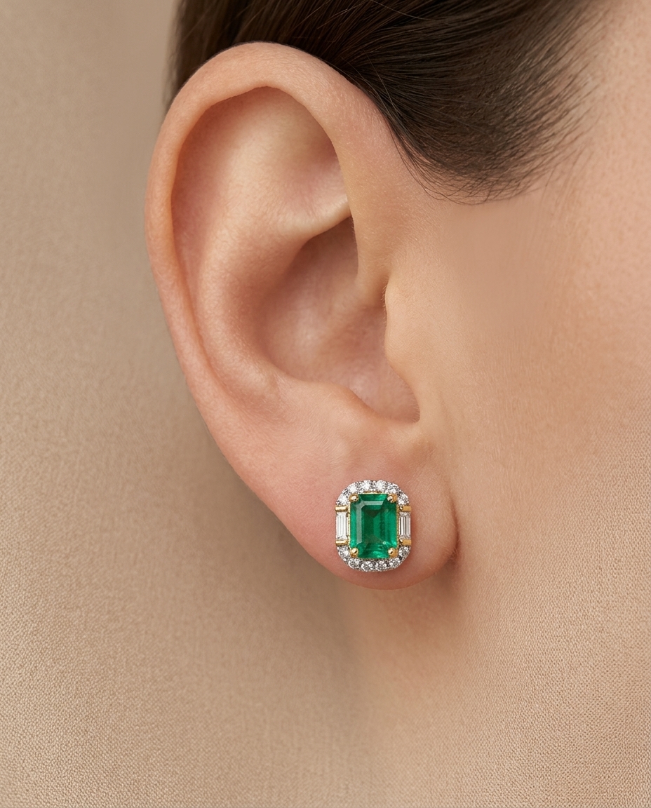 14KT Gold Diamond and Emerald Earring Studs (6X8 MM) view 2