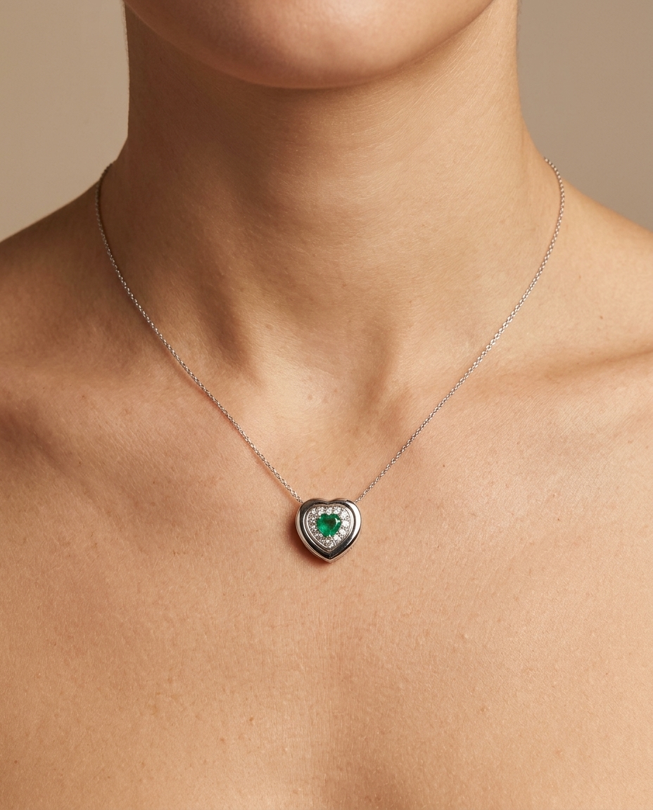 18KT White Gold Emerald and Diamond Necklace on model