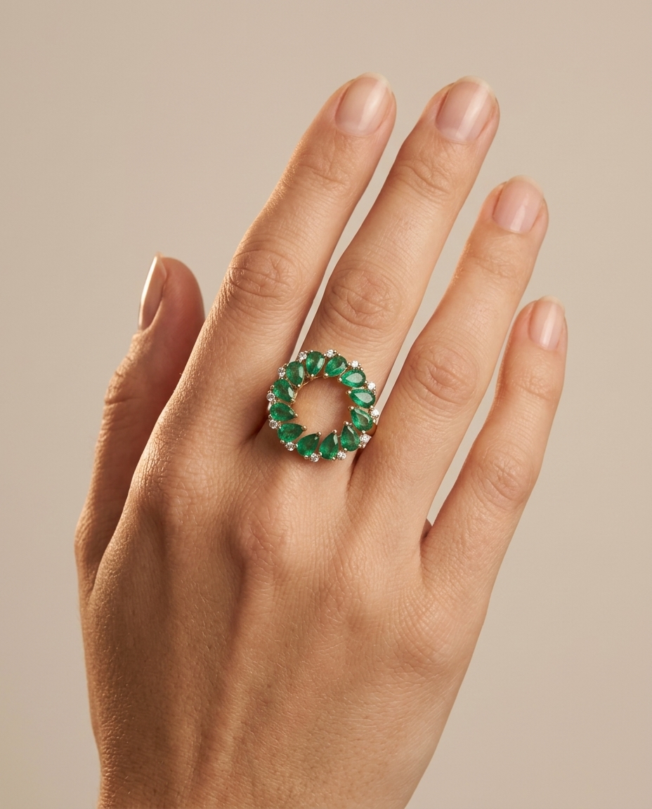18KT Gold Emerald and Diamond Ring on model