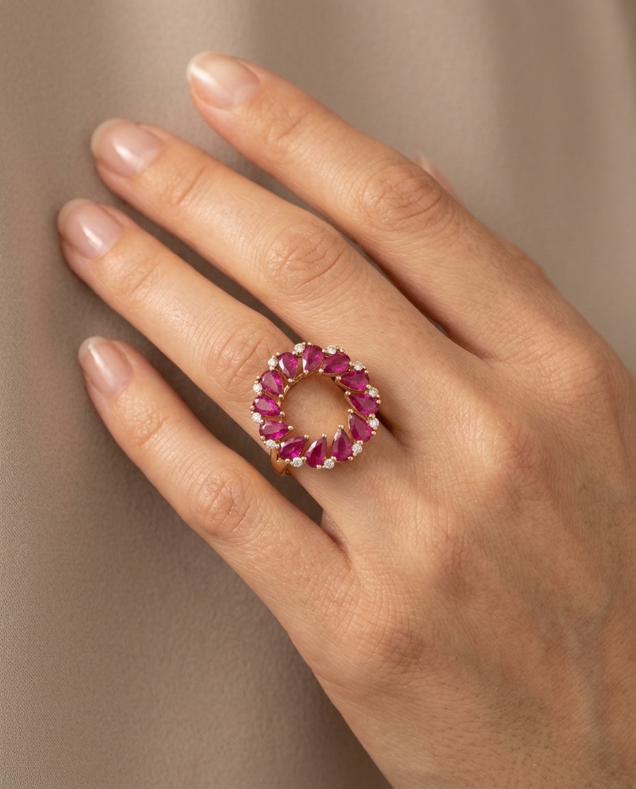 18KT Gold Ruby and Diamond Ring on model