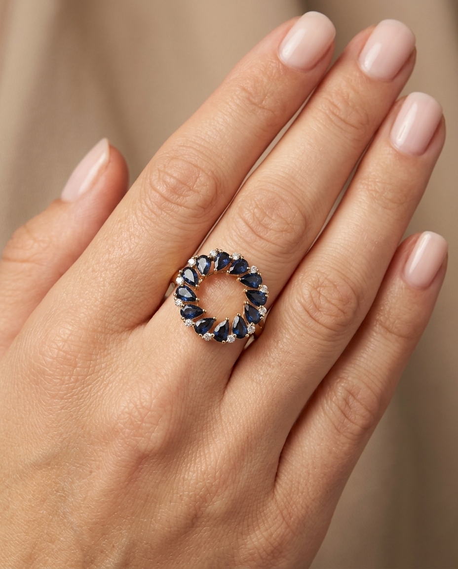 18KT Gold Blue Sapphire and Diamond Ring on model
