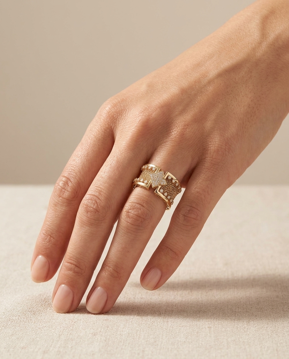 18KT Yellow Gold Diamond Ring on model