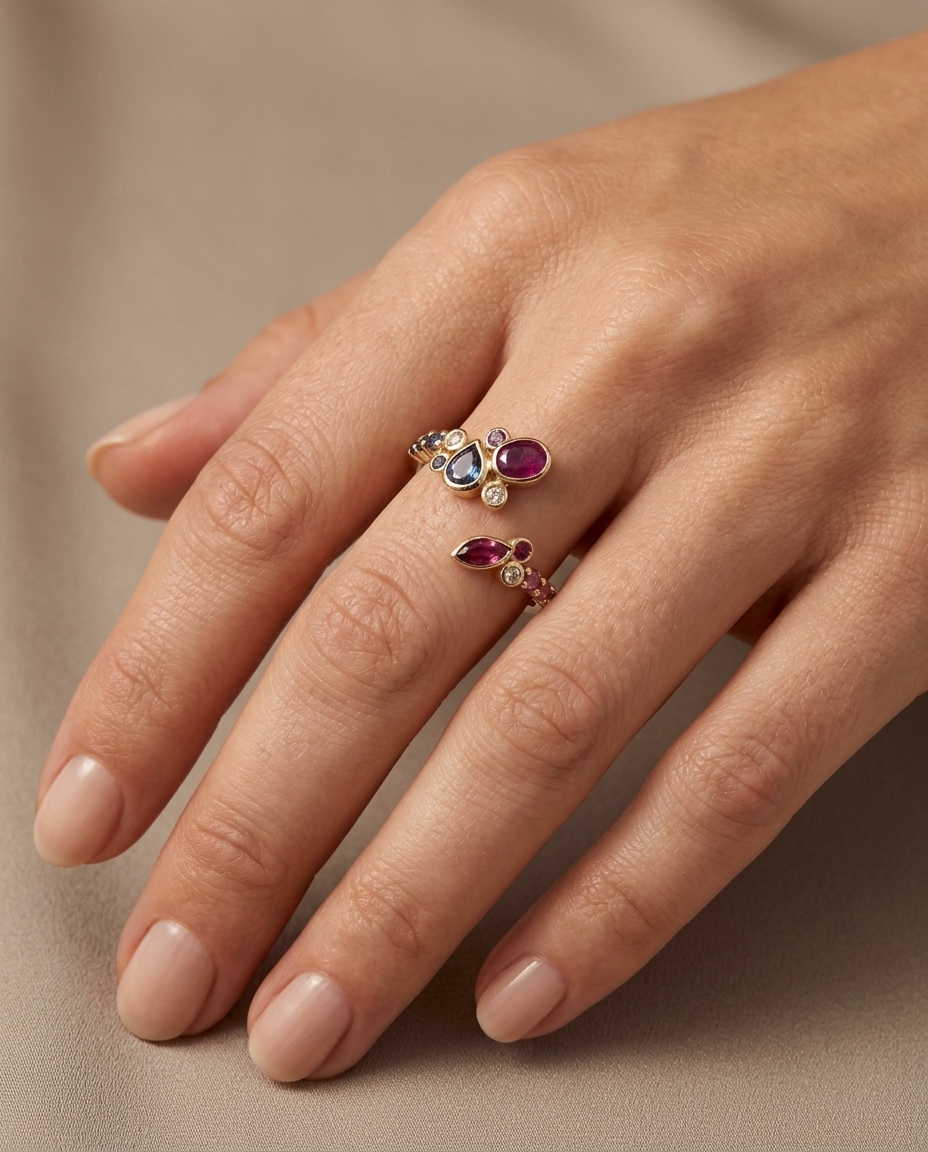 18KT Yellow Gold Ruby M.SAPPHIRE and Diamond Ring on model