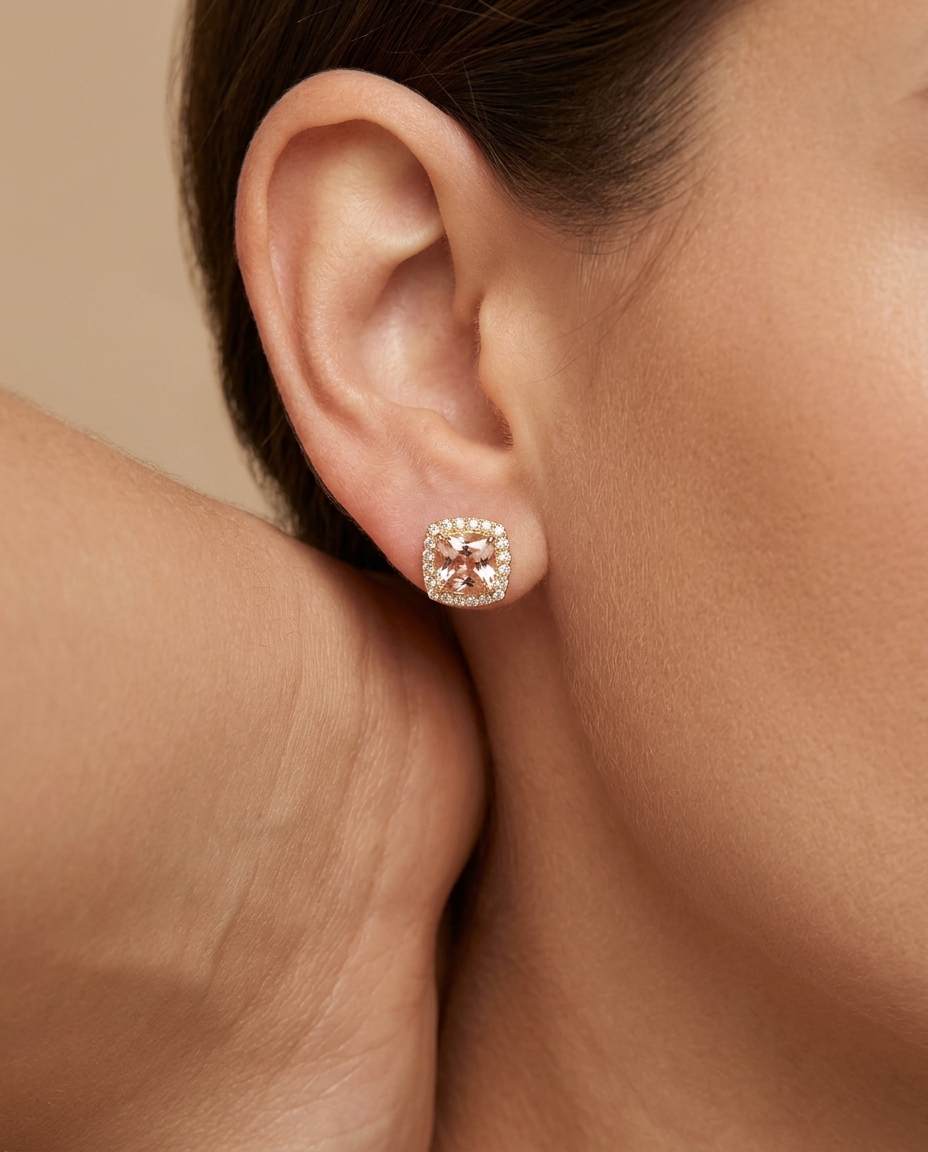14KT Gold Morganite and Diamonds Earring view 2