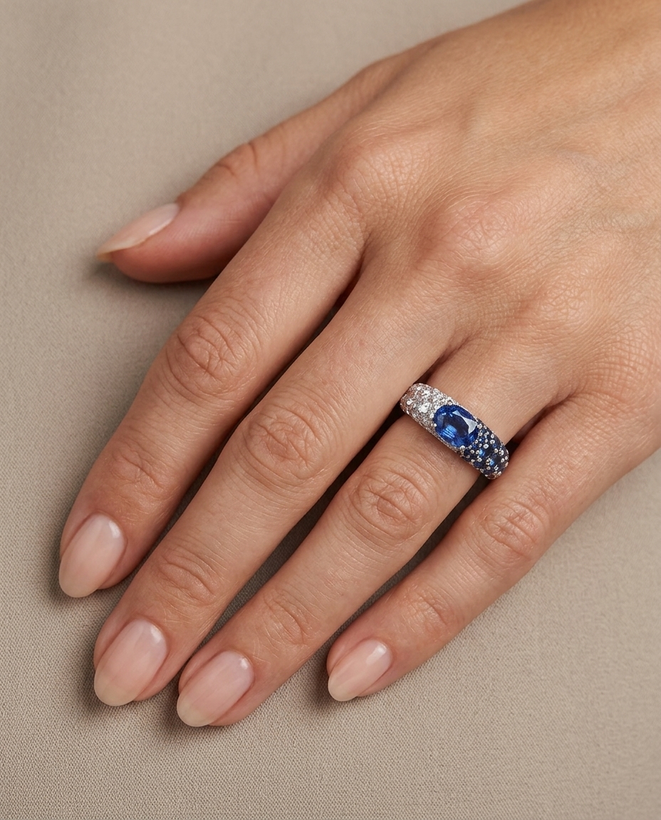 18KT Gold White and Blue Sapphire Ring on model