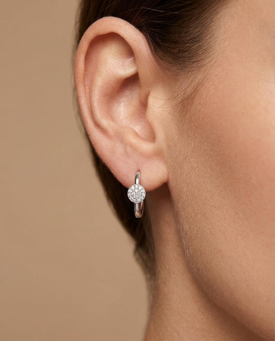 14KT Gold Diamond Hoop Earrings with Disc view 2
