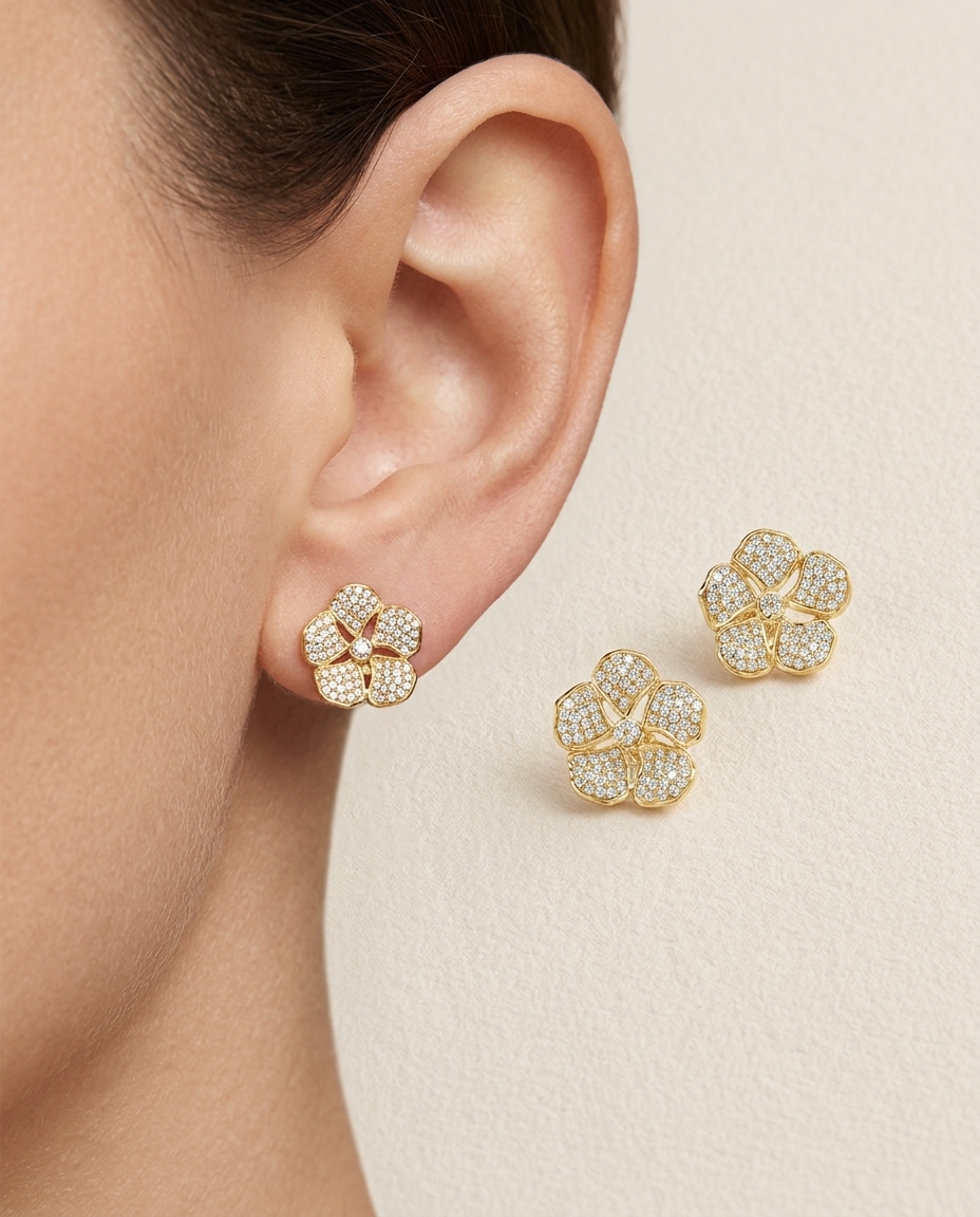 14KT Yellow Gold Flower Earring with Diamonds view 2