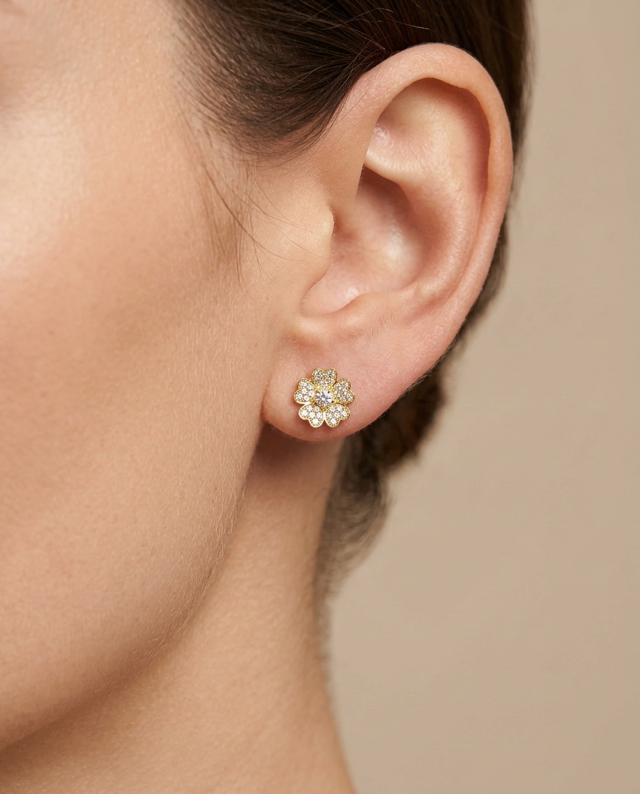 14KT Gold Diamond Flower Earring view 2