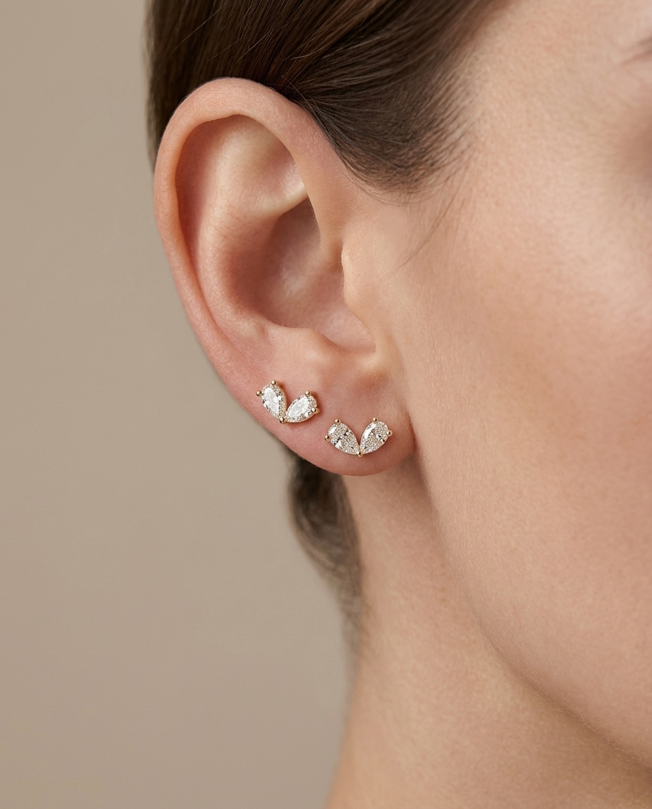 14KT Yellow Gold Pear Diamond Earring Studs view 2