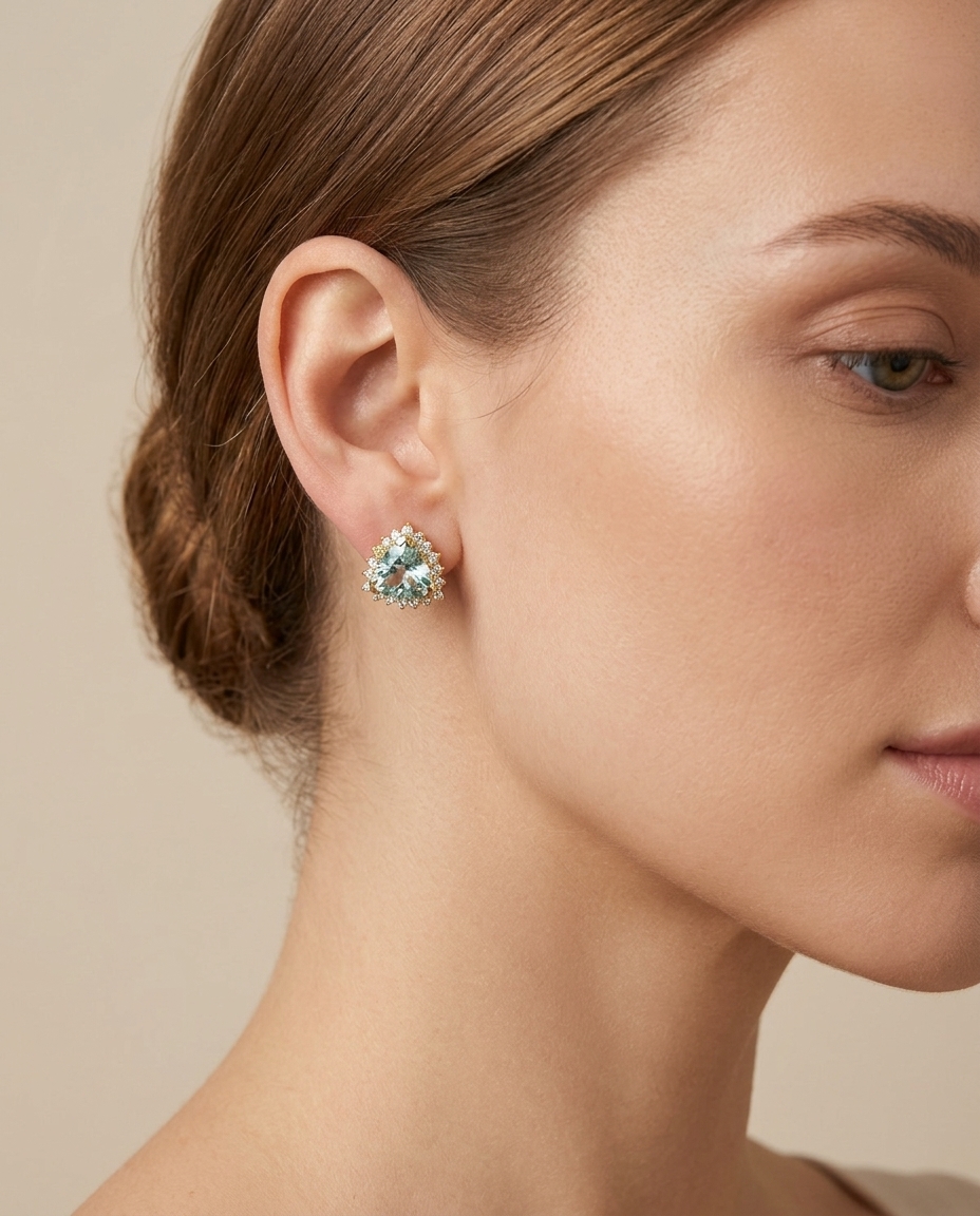 14KT Gold Aquamarine and Diamonds Stud Earring view 2