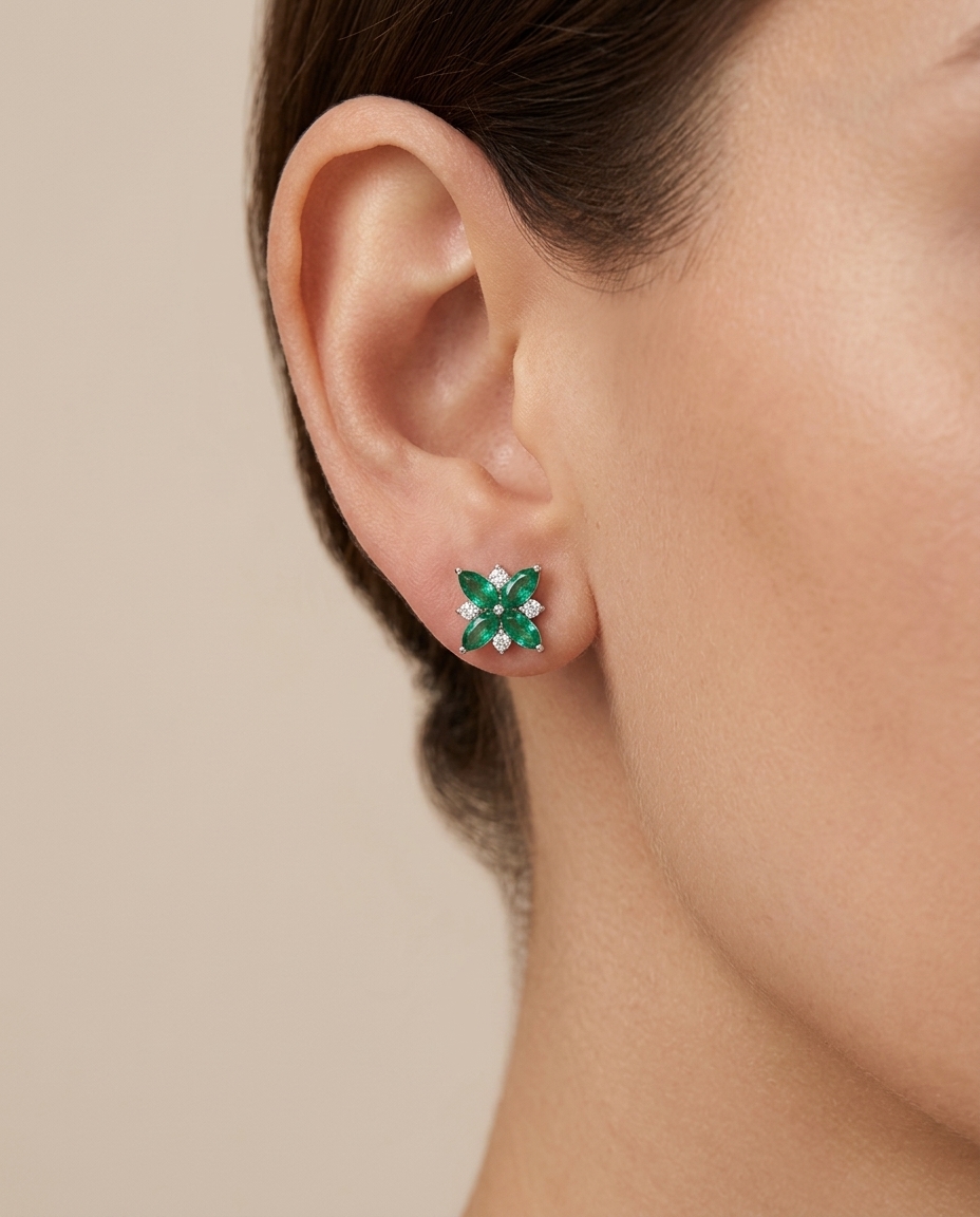 18KT White Gold Emerald and Diamond Earring view 2