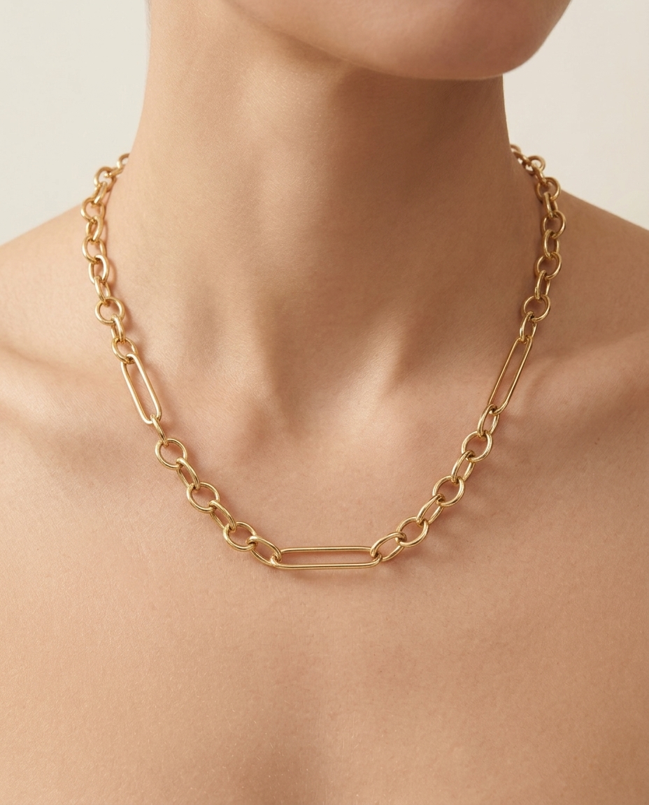 14KT Gold Paperclip Chain on model