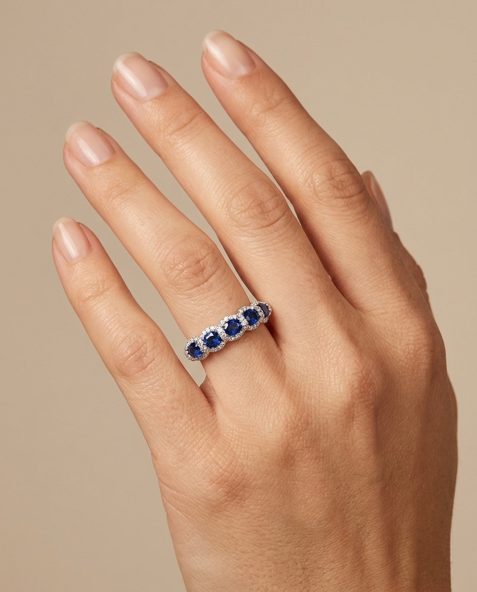 18KT White Gold Sapphire and Diamond Ring on model